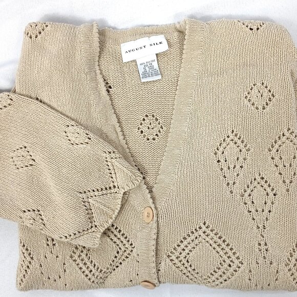 August Silk Tan Natural Boho Knit Crochet Openwork Button Up V-neck Cardigan - Picture 1 of 6